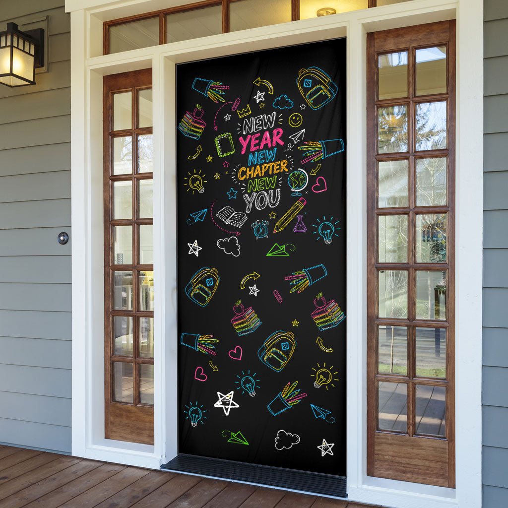 Back To School New Year New Chapter Door Cover Colorful Neon Chalkboard Doodle School Supplies