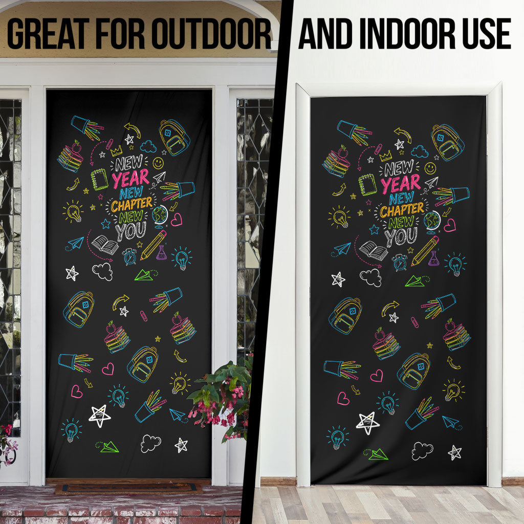 Back To School New Year New Chapter Door Cover Colorful Neon Chalkboard Doodle School Supplies