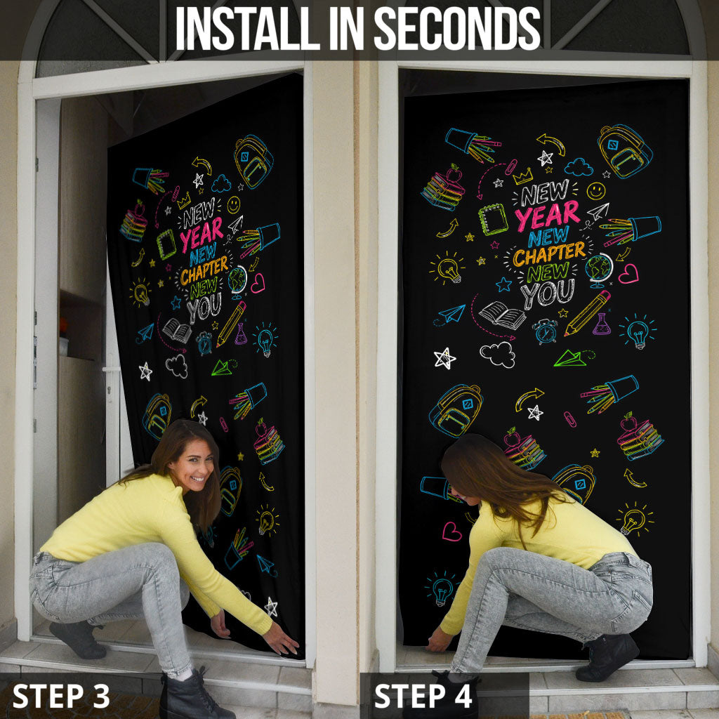 Back To School New Year New Chapter Door Cover Colorful Neon Chalkboard Doodle School Supplies