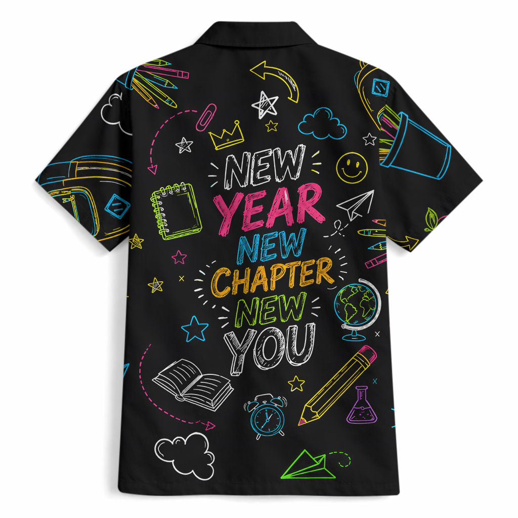 Back To School New Year New Chapter Hawaiian Shirt Colorful Neon Chalkboard Doodle School Supplies