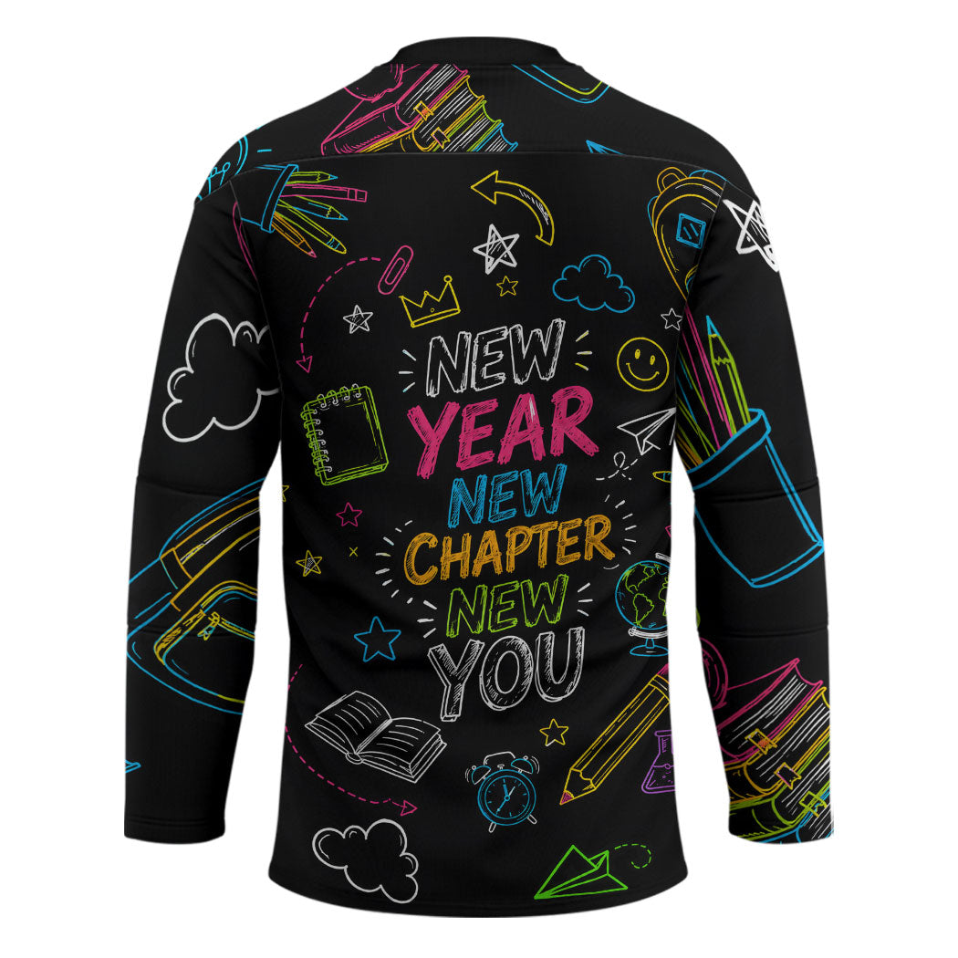 Back To School New Year New Chapter Hockey Jersey Colorful Neon Chalkboard Doodle School Supplies
