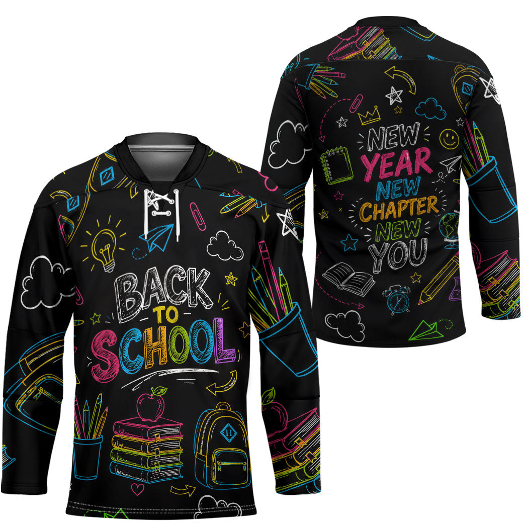 Back To School New Year New Chapter Hockey Jersey Colorful Neon Chalkboard Doodle School Supplies
