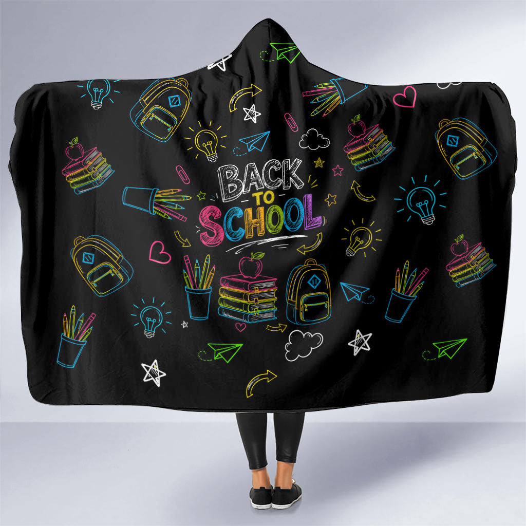 Back To School New Year New Chapter Hooded Blanket Colorful Neon Chalkboard Doodle School Supplies