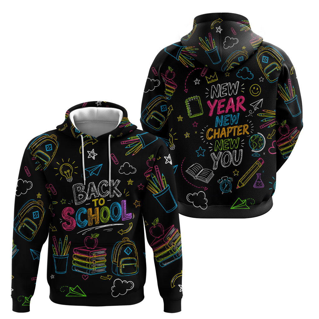 Back To School New Year New Chapter Hoodie Colorful Neon Chalkboard Doodle School Supplies