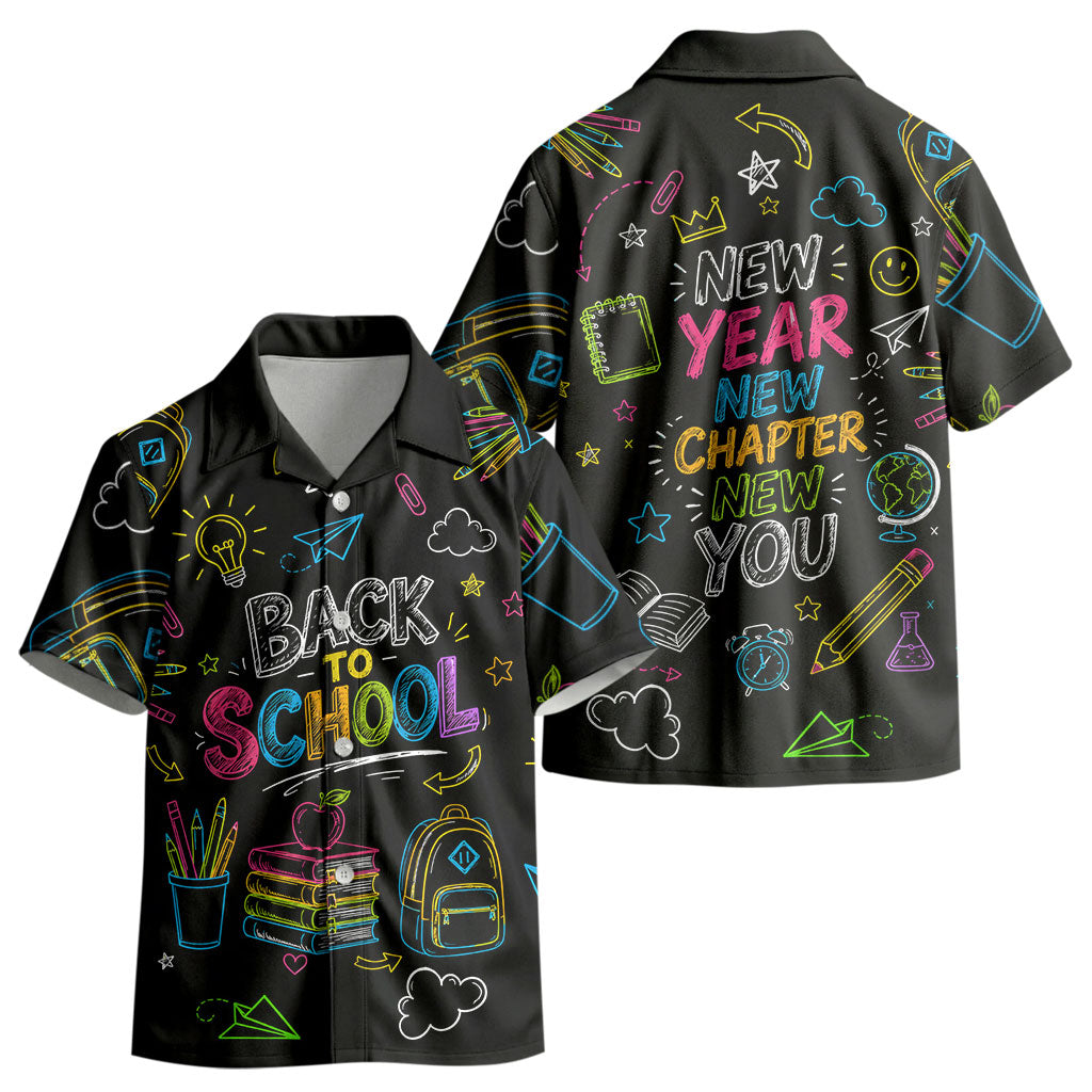 Back To School New Year New Chapter Kid Hawaiian Shirt Colorful Neon Chalkboard Doodle School Supplies