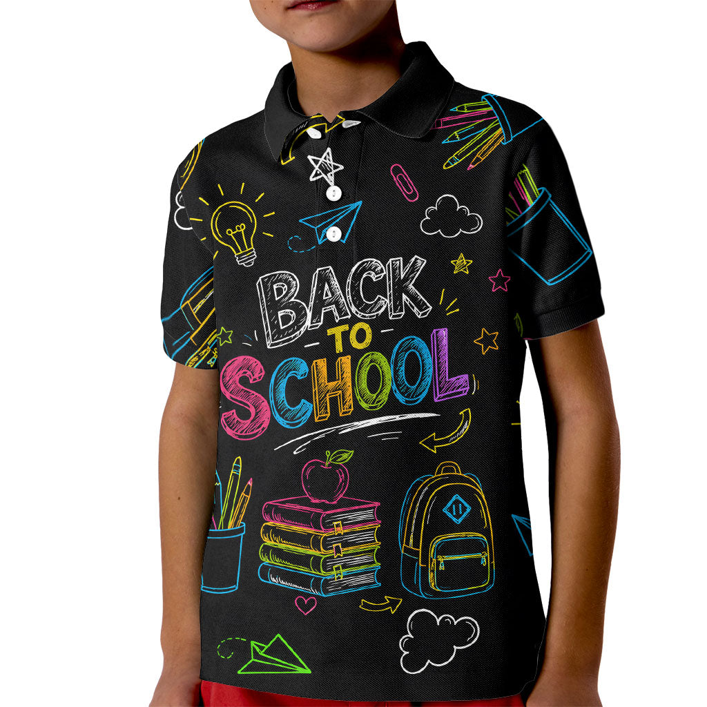 Back To School New Year New Chapter Kid Polo Shirt Colorful Neon Chalkboard Doodle School Supplies