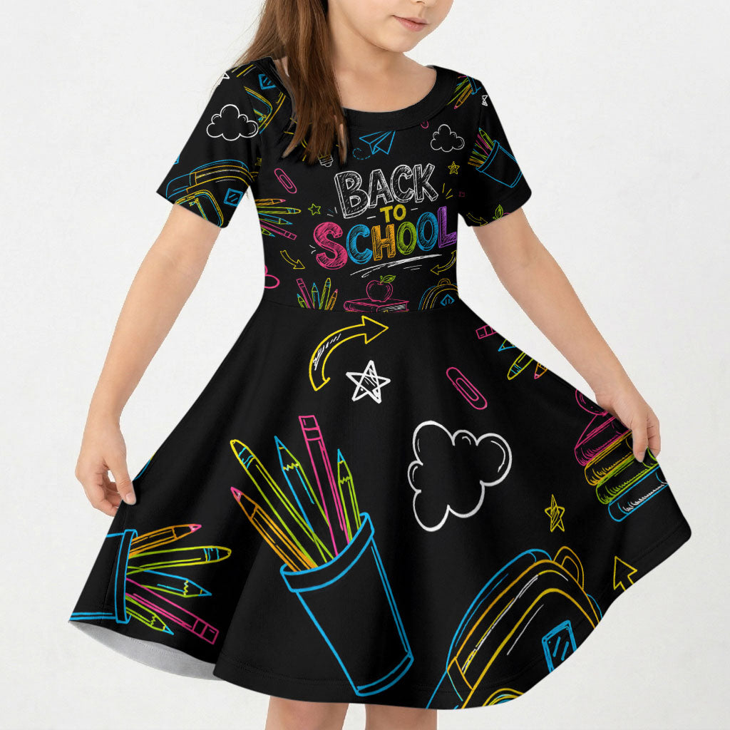 Back To School New Year New Chapter Kid Short Sleeve Dress Colorful Neon Chalkboard Doodle School Supplies