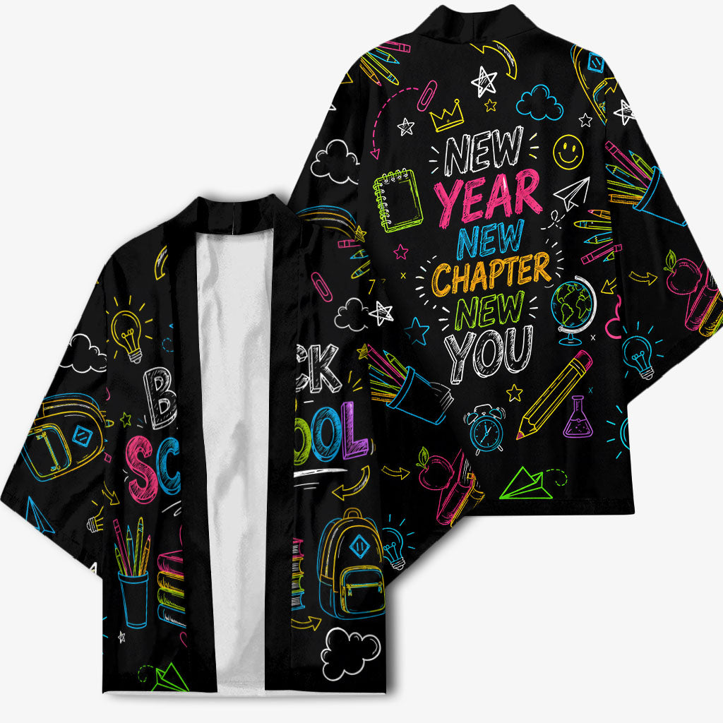 Back To School New Year New Chapter Kimono Colorful Neon Chalkboard Doodle School Supplies