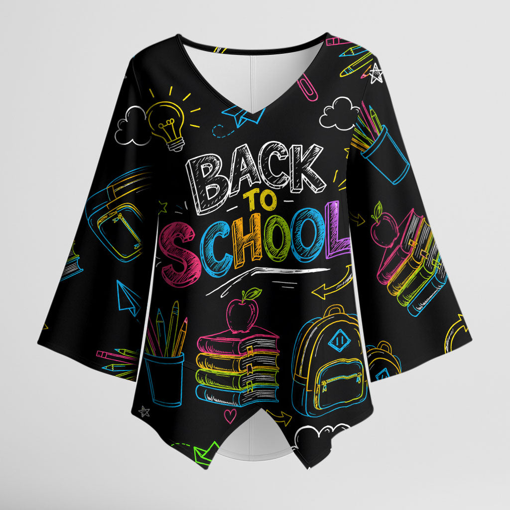Back To School New Year New Chapter Kimono Sleeve Blouse Colorful Neon Chalkboard Doodle School Supplies