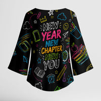 Back To School New Year New Chapter Kimono Sleeve Blouse Colorful Neon Chalkboard Doodle School Supplies