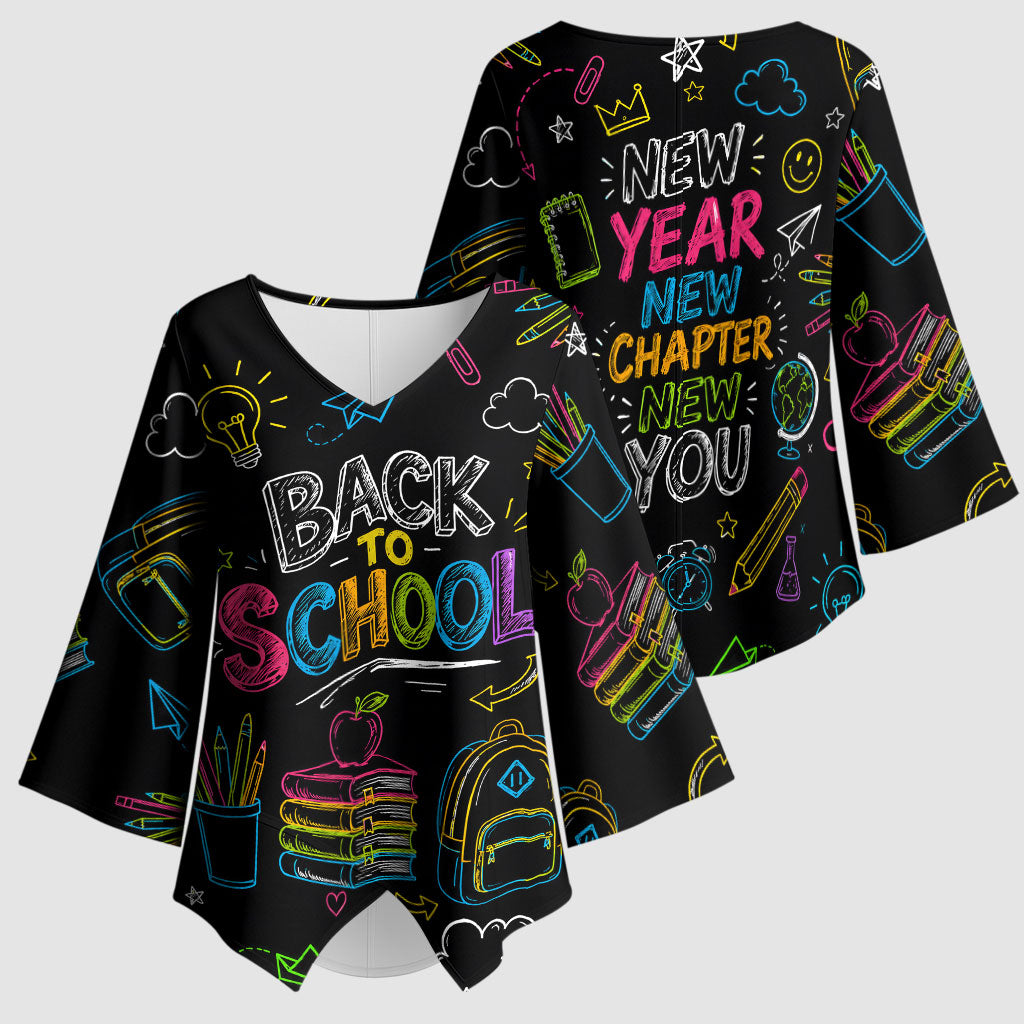 Back To School New Year New Chapter Kimono Sleeve Blouse Colorful Neon Chalkboard Doodle School Supplies
