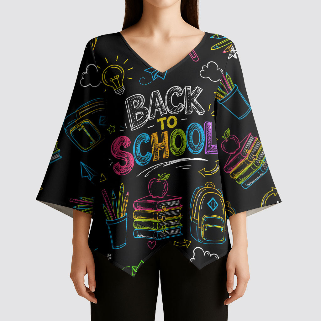 Back To School New Year New Chapter Kimono Sleeve Blouse Colorful Neon Chalkboard Doodle School Supplies