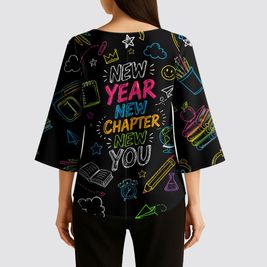 Back To School New Year New Chapter Kimono Sleeve Blouse Colorful Neon Chalkboard Doodle School Supplies