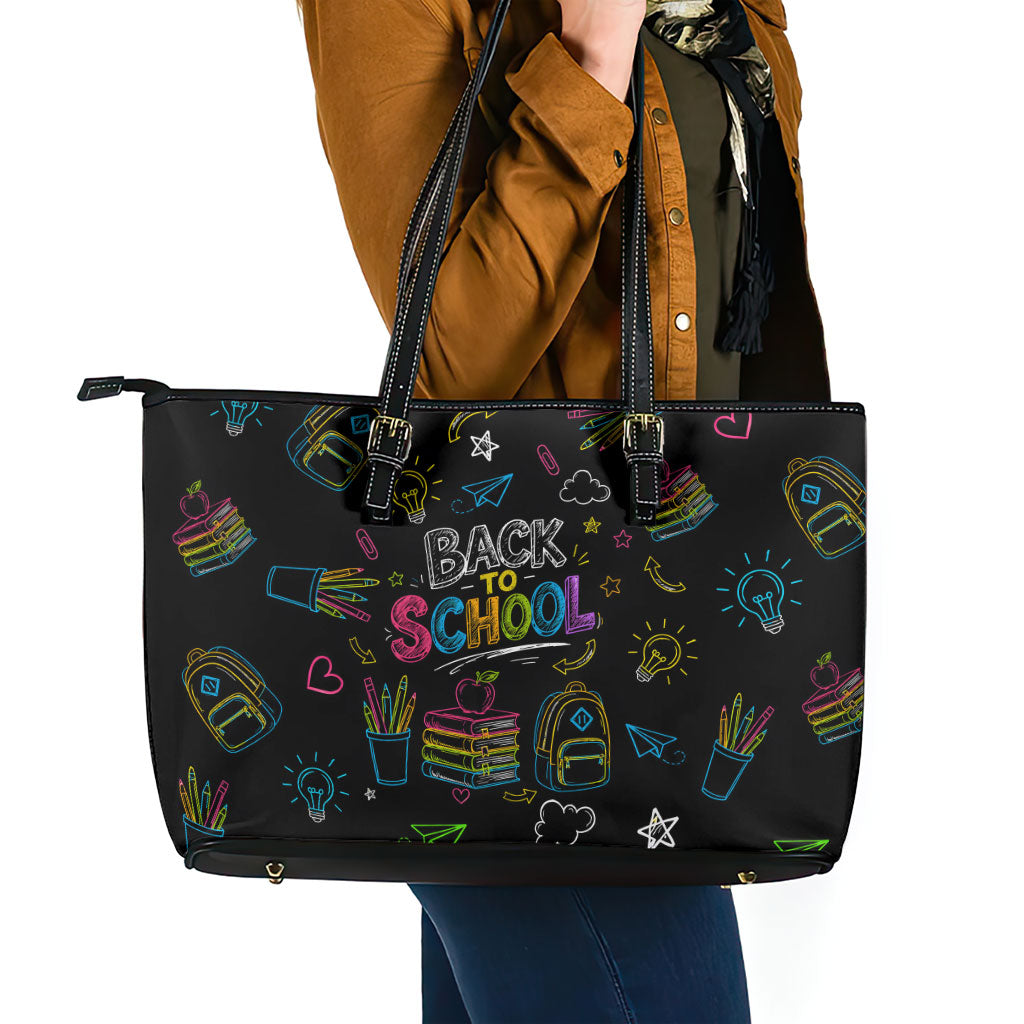 Back To School New Year New Chapter Leather Tote Bag Colorful Neon Chalkboard Doodle School Supplies