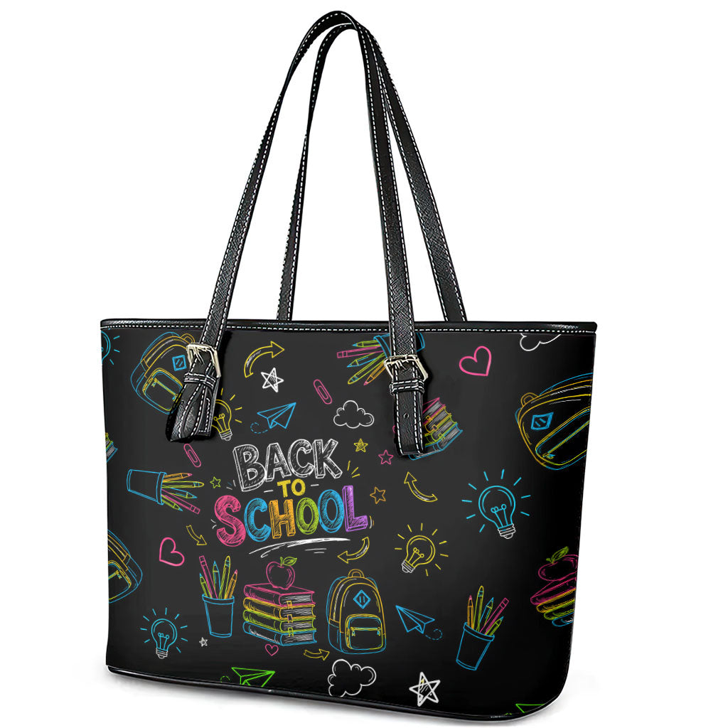 Back To School New Year New Chapter Leather Tote Bag Colorful Neon Chalkboard Doodle School Supplies