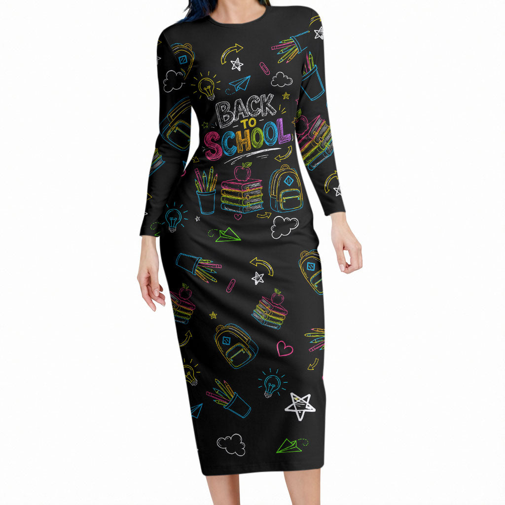Back To School New Year New Chapter Long Sleeve Bodycon Dress Colorful Neon Chalkboard Doodle School Supplies