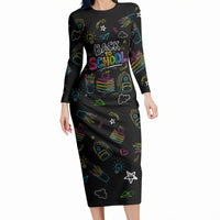 Back To School New Year New Chapter Long Sleeve Bodycon Dress Colorful Neon Chalkboard Doodle School Supplies