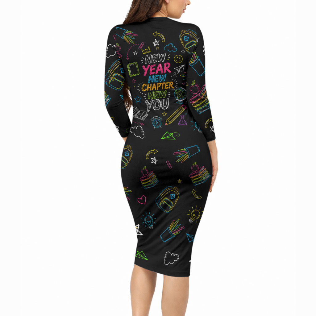 Back To School New Year New Chapter Long Sleeve Bodycon Dress Colorful Neon Chalkboard Doodle School Supplies