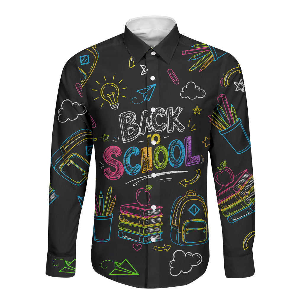 Back To School New Year New Chapter Long Sleeve Button Shirt Colorful Neon Chalkboard Doodle School Supplies