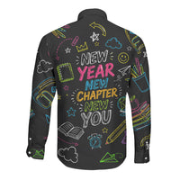 Back To School New Year New Chapter Long Sleeve Button Shirt Colorful Neon Chalkboard Doodle School Supplies