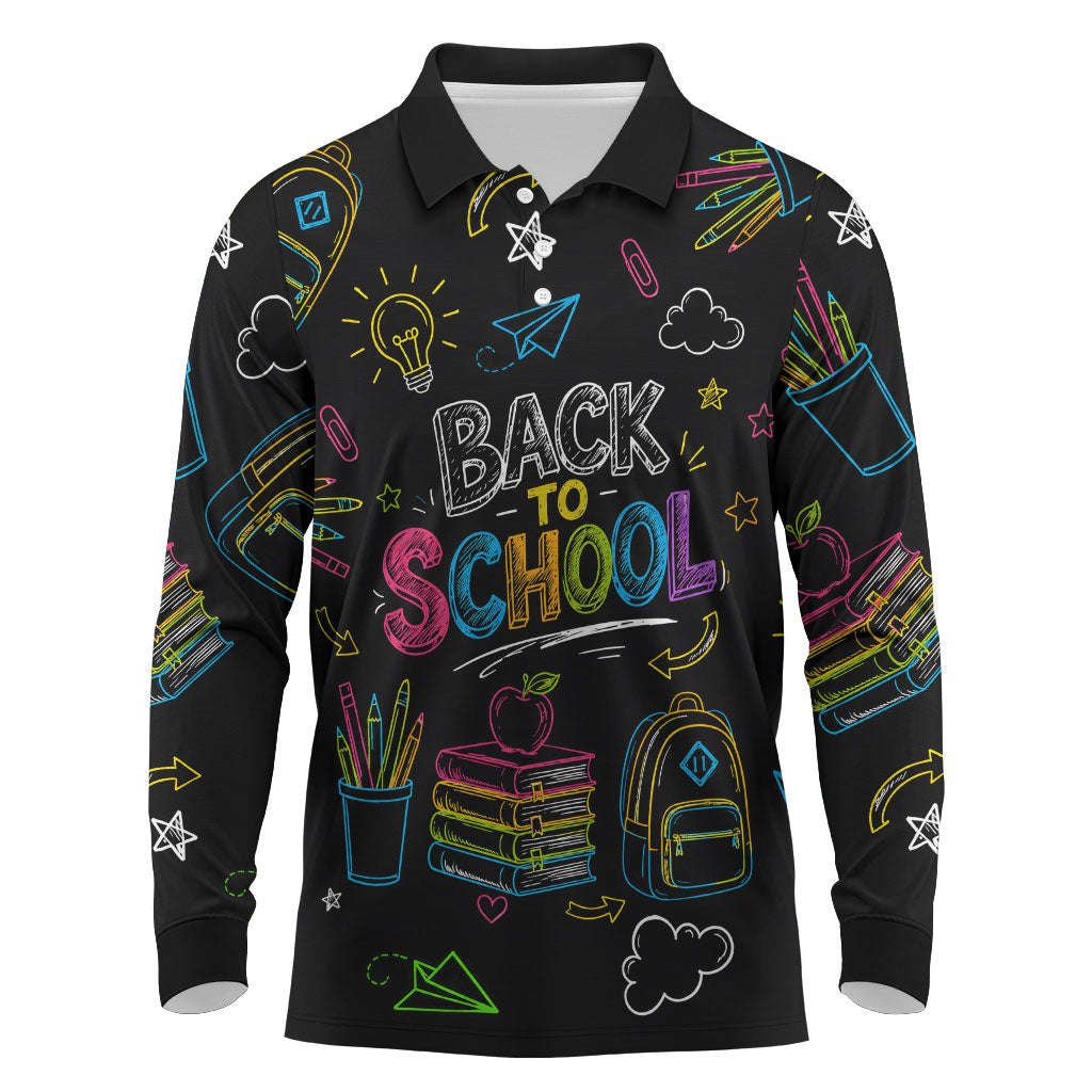 Back To School New Year New Chapter Long Sleeve Polo Shirt Colorful Neon Chalkboard Doodle School Supplies