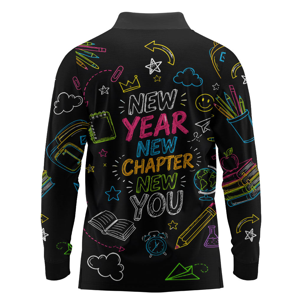 Back To School New Year New Chapter Long Sleeve Polo Shirt Colorful Neon Chalkboard Doodle School Supplies