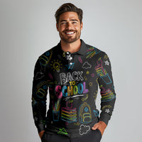 Back To School New Year New Chapter Long Sleeve Polo Shirt Colorful Neon Chalkboard Doodle School Supplies