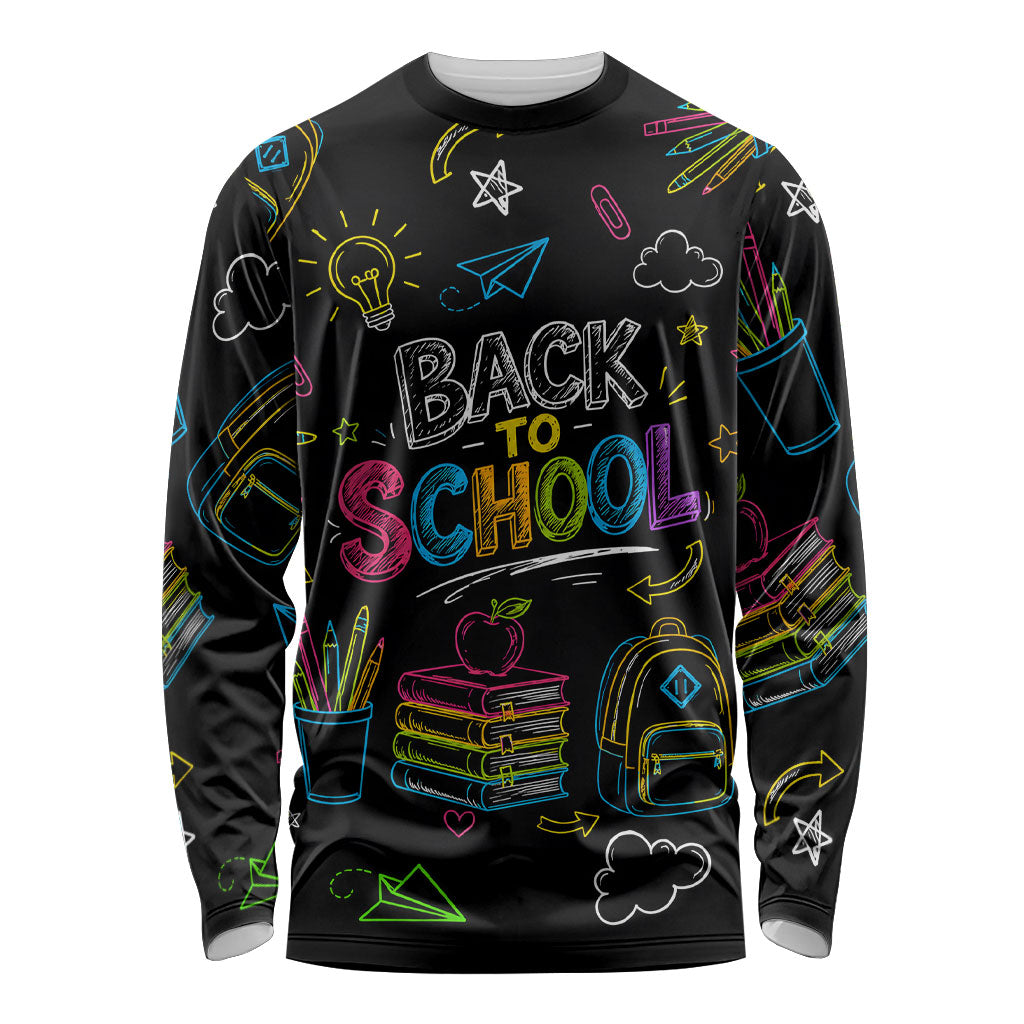 Back To School New Year New Chapter Long Sleeve Shirt Colorful Neon Chalkboard Doodle School Supplies