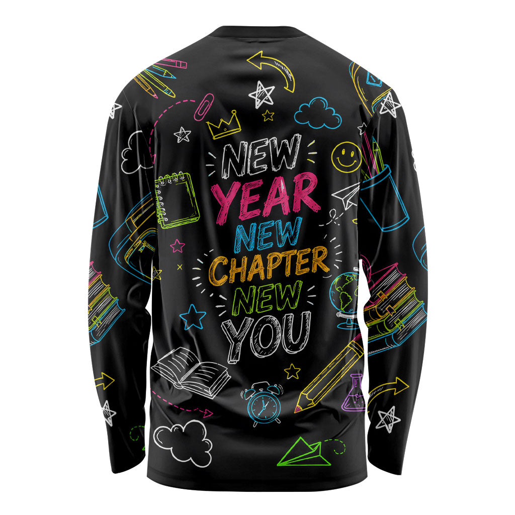 Back To School New Year New Chapter Long Sleeve Shirt Colorful Neon Chalkboard Doodle School Supplies
