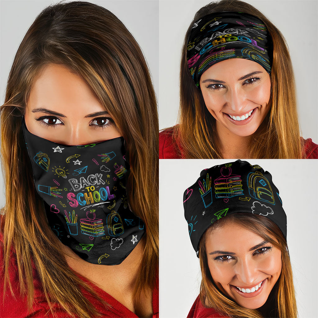 Back To School New Year New Chapter Neck Gaiter Colorful Neon Chalkboard Doodle School Supplies