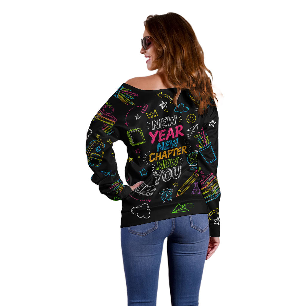 Back To School New Year New Chapter Off Shoulder Sweater Colorful Neon Chalkboard Doodle School Supplies