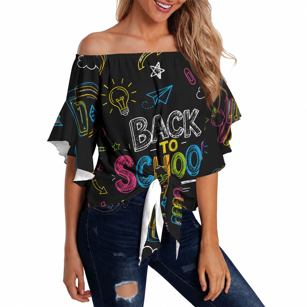 Back To School New Year New Chapter Off Shoulder Wrap Waist Top Colorful Neon Chalkboard Doodle School Supplies