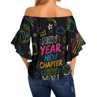 Back To School New Year New Chapter Off Shoulder Wrap Waist Top Colorful Neon Chalkboard Doodle School Supplies
