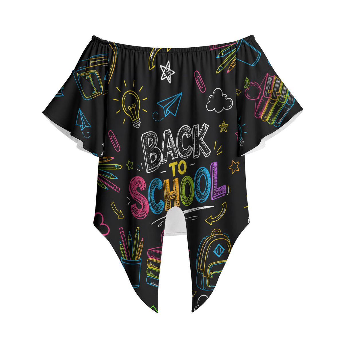 Back To School New Year New Chapter Off Shoulder Wrap Waist Top Colorful Neon Chalkboard Doodle School Supplies