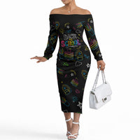Back To School New Year New Chapter Off The Shoulder Long Sleeve Dress Colorful Neon Chalkboard Doodle School Supplies
