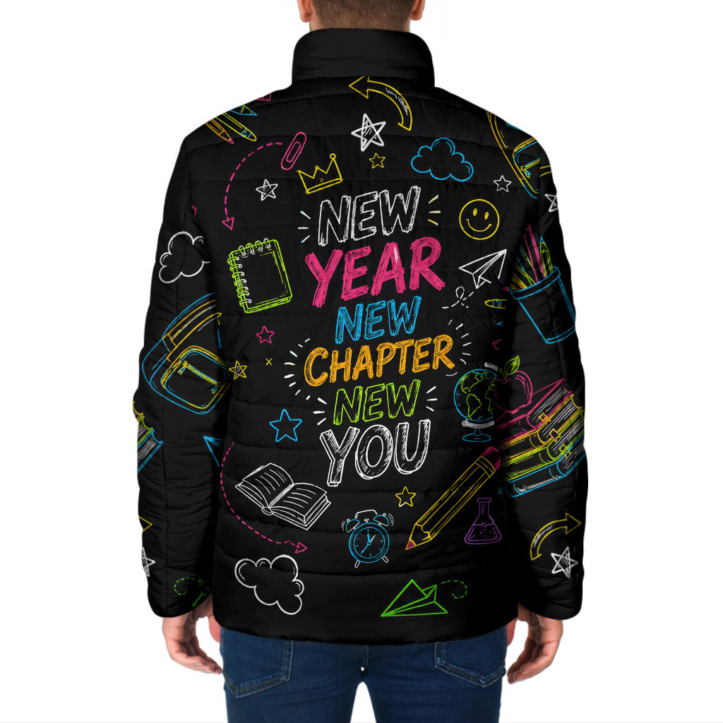 Back To School New Year New Chapter Padded Jacket Colorful Neon Chalkboard Doodle School Supplies