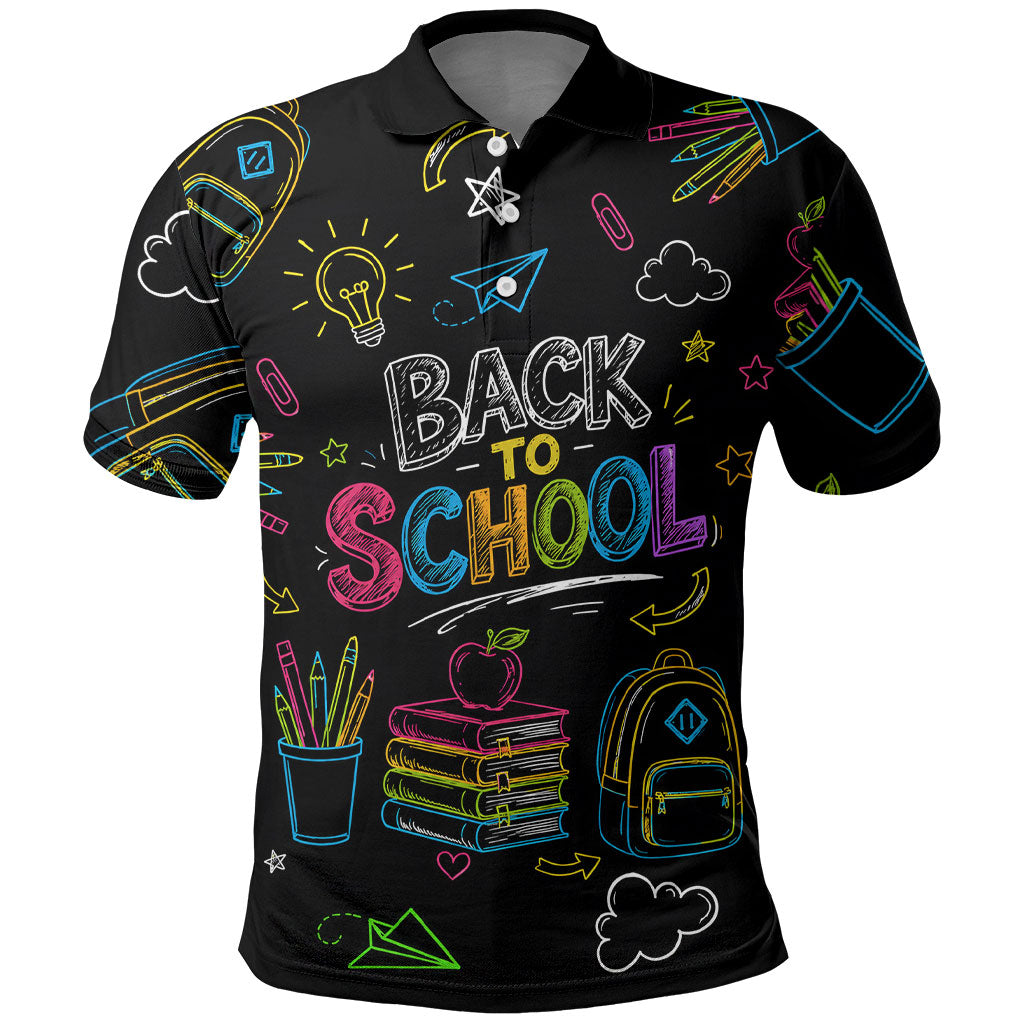 Back To School New Year New Chapter Polo Shirt Colorful Neon Chalkboard Doodle School Supplies