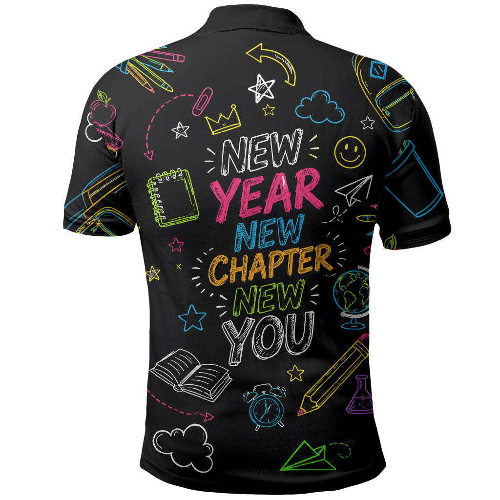 Back To School New Year New Chapter Polo Shirt Colorful Neon Chalkboard Doodle School Supplies