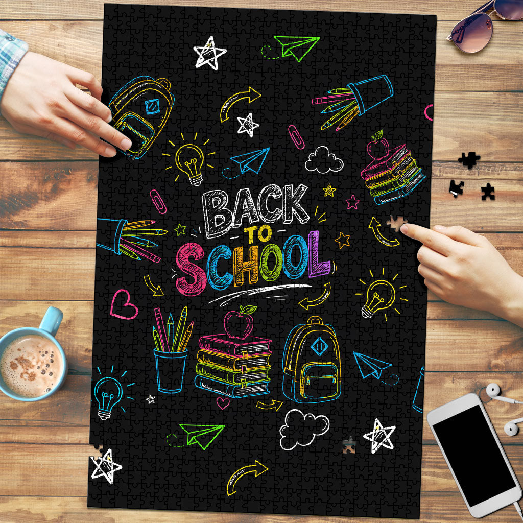 Back To School New Year New Chapter Puzzle Colorful Neon Chalkboard Doodle School Supplies