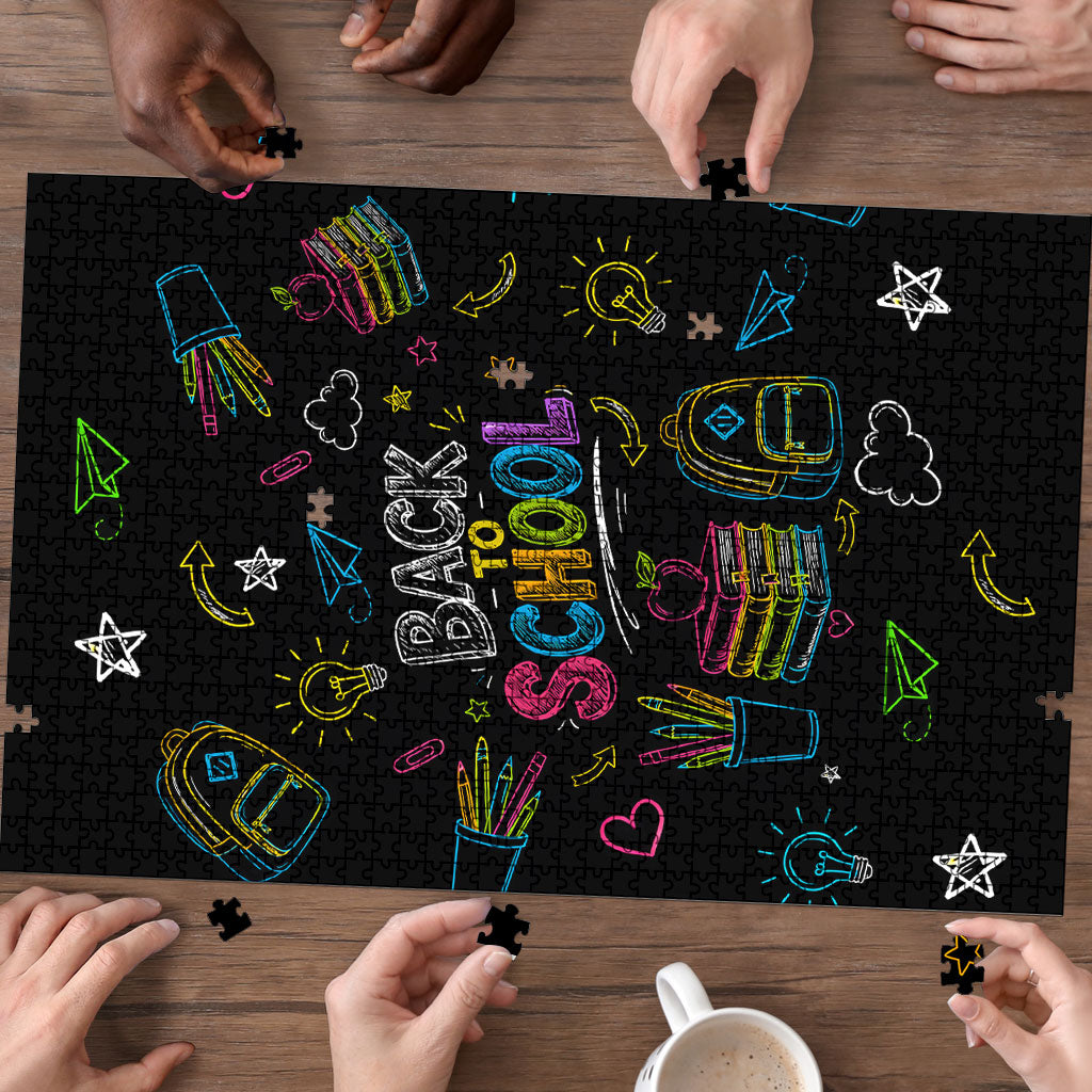 Back To School New Year New Chapter Puzzle Colorful Neon Chalkboard Doodle School Supplies