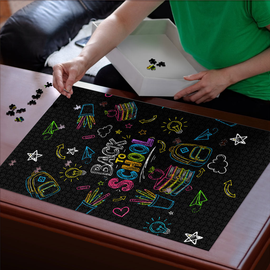 Back To School New Year New Chapter Puzzle Colorful Neon Chalkboard Doodle School Supplies