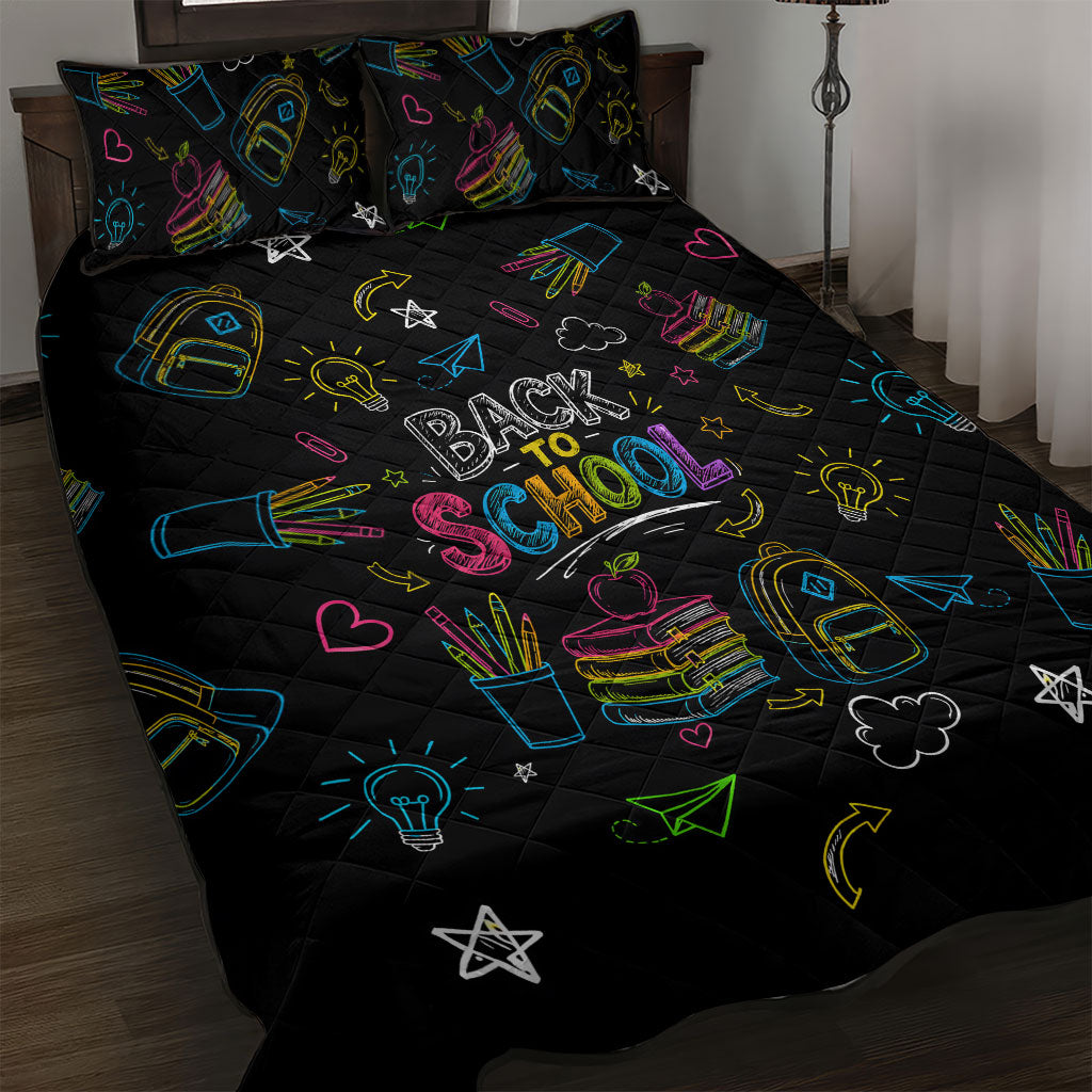 Back To School New Year New Chapter Quilt Bed Set Colorful Neon Chalkboard Doodle School Supplies