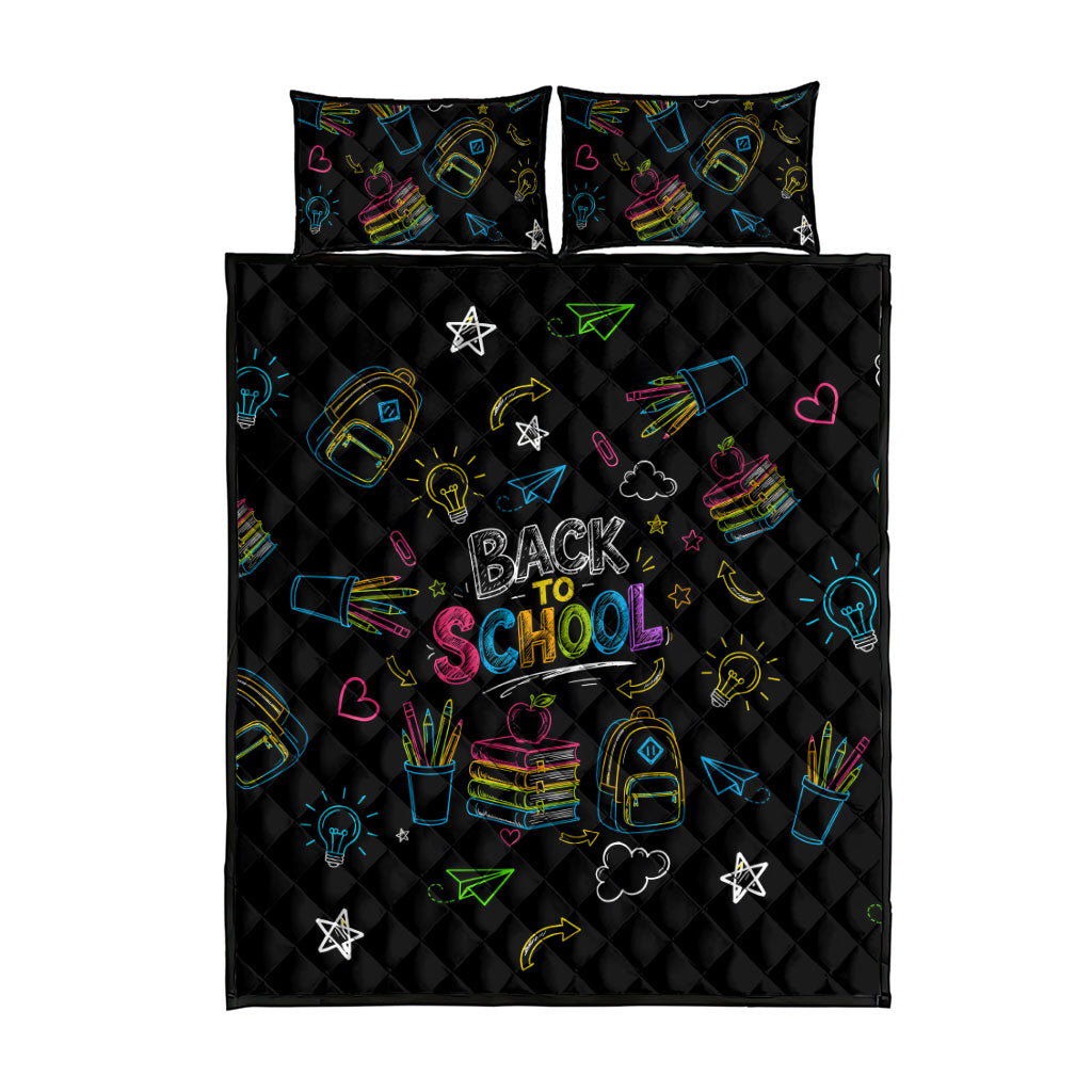 Back To School New Year New Chapter Quilt Bed Set Colorful Neon Chalkboard Doodle School Supplies
