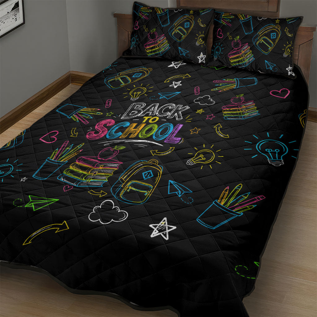 Back To School New Year New Chapter Quilt Bed Set Colorful Neon Chalkboard Doodle School Supplies