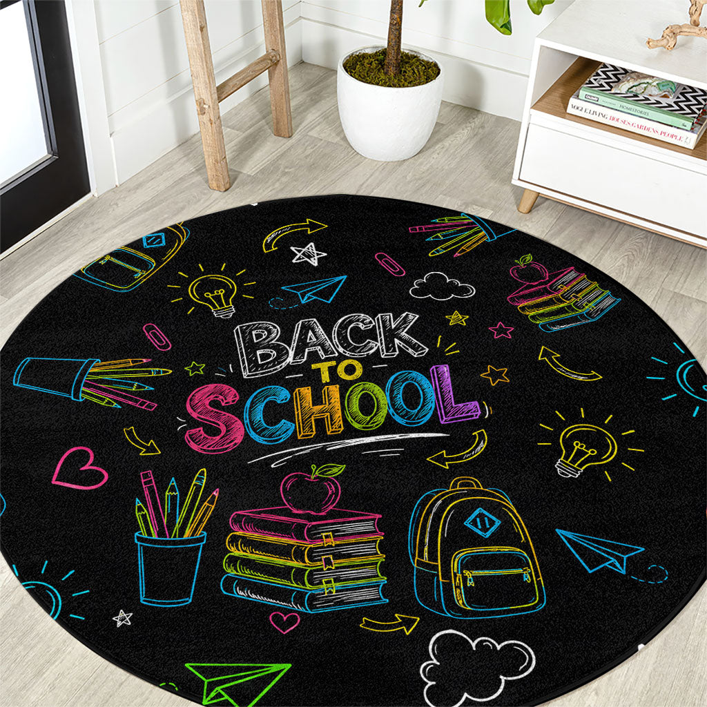Back To School New Year New Chapter Round Carpet Colorful Neon Chalkboard Doodle School Supplies