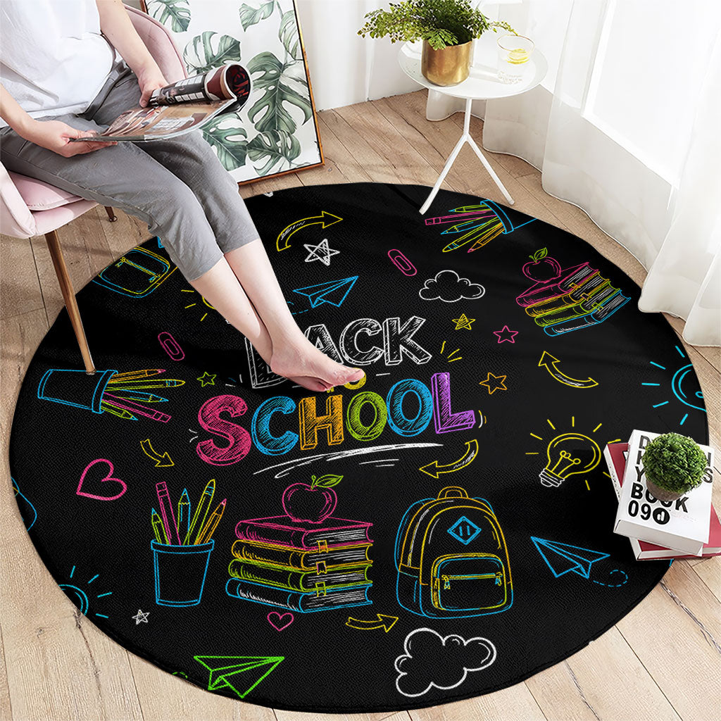 Back To School New Year New Chapter Round Carpet Colorful Neon Chalkboard Doodle School Supplies