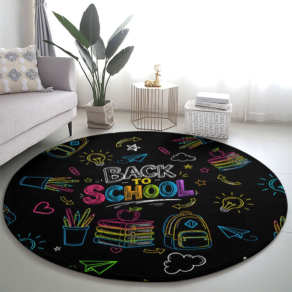 Back To School New Year New Chapter Round Carpet Colorful Neon Chalkboard Doodle School Supplies
