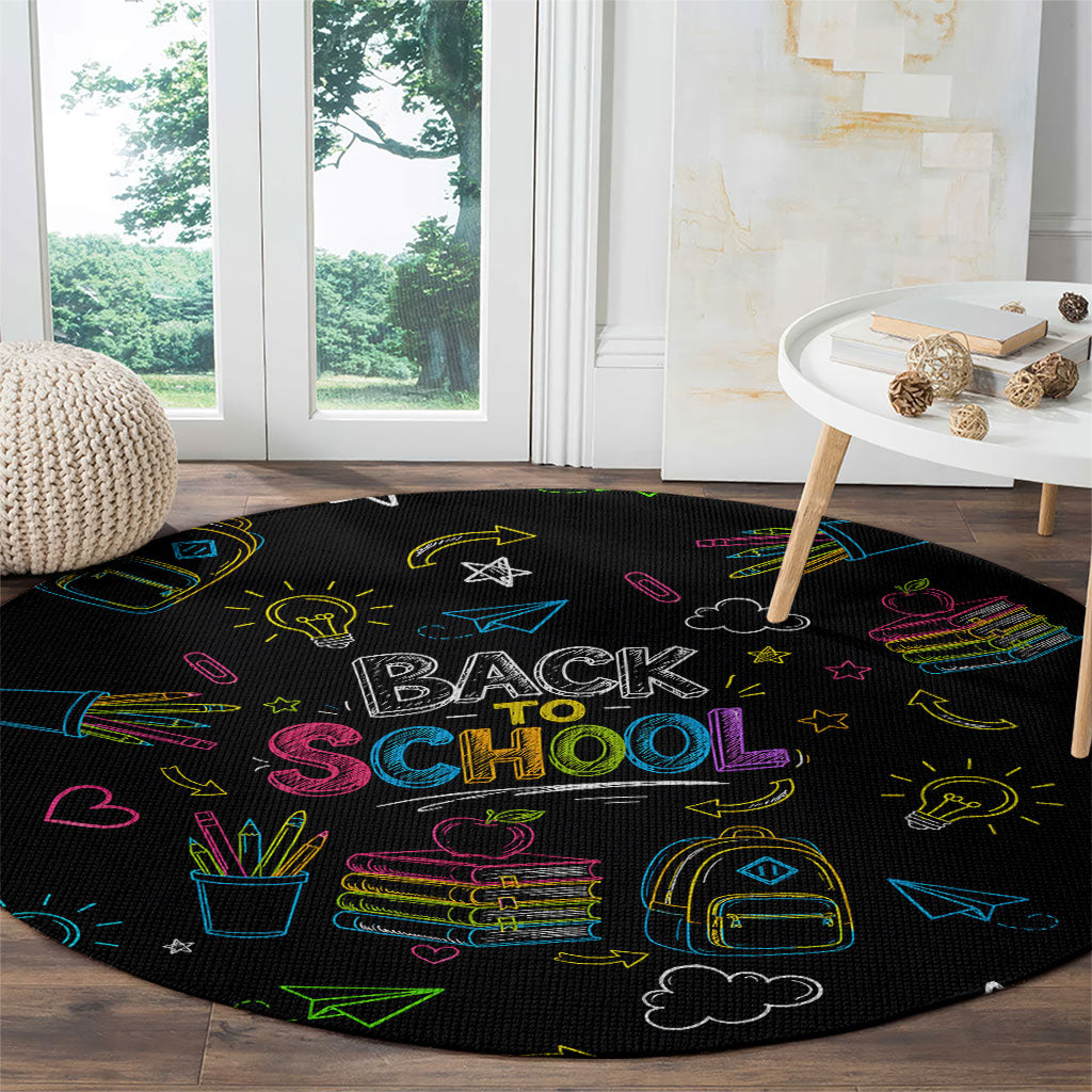 Back To School New Year New Chapter Round Carpet Colorful Neon Chalkboard Doodle School Supplies