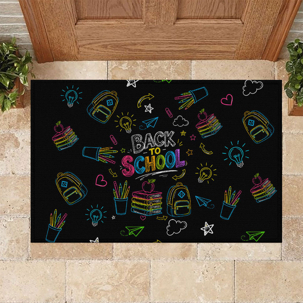 Back To School New Year New Chapter Rubber Doormat Colorful Neon Chalkboard Doodle School Supplies