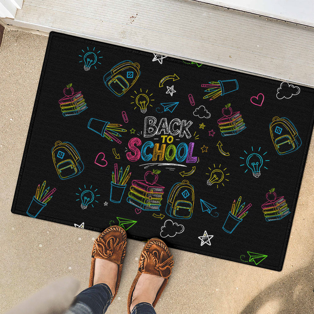 Back To School New Year New Chapter Rubber Doormat Colorful Neon Chalkboard Doodle School Supplies